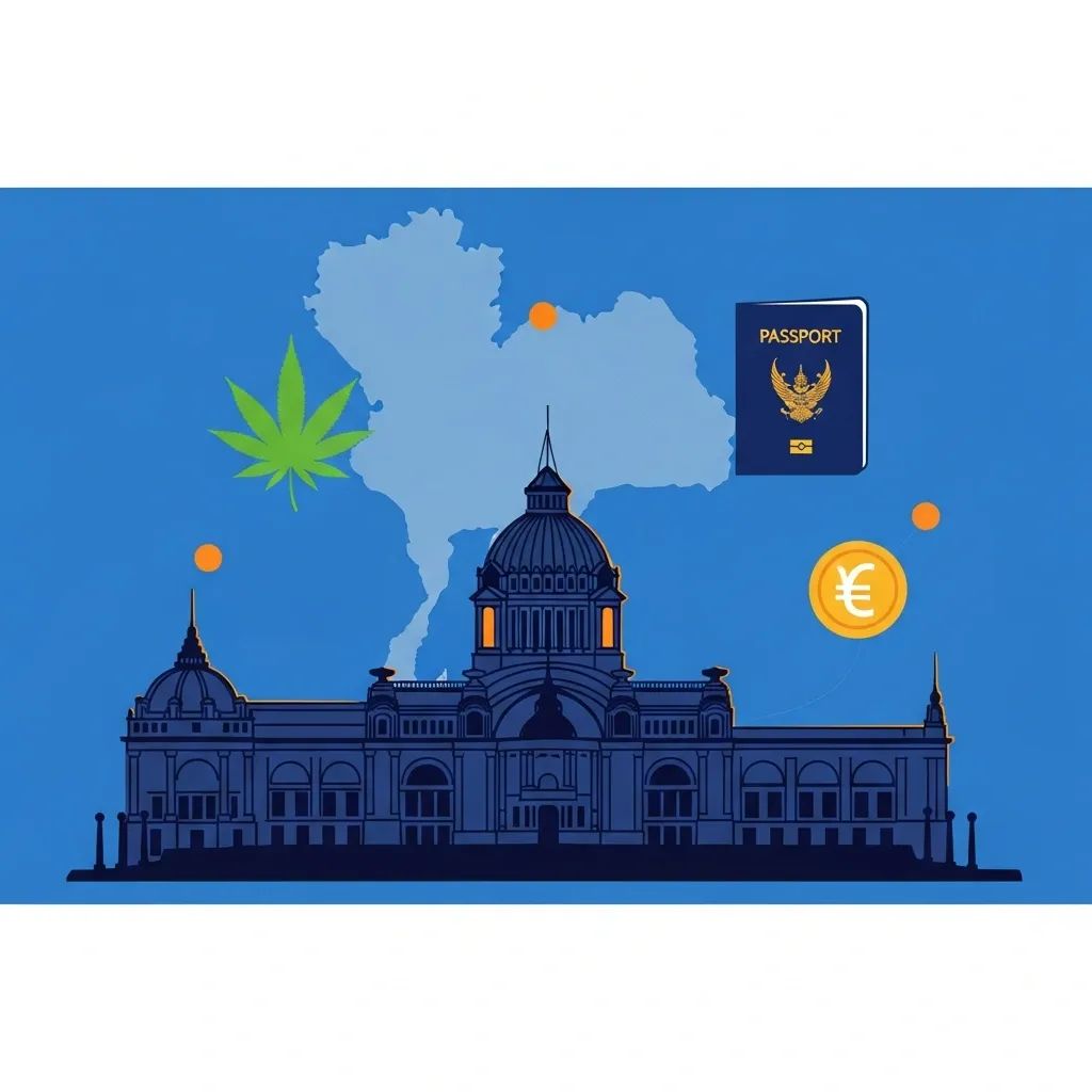 Stylized Thai parliament silhouette with icons for cannabis, passport, and currency over a faint Thailand map