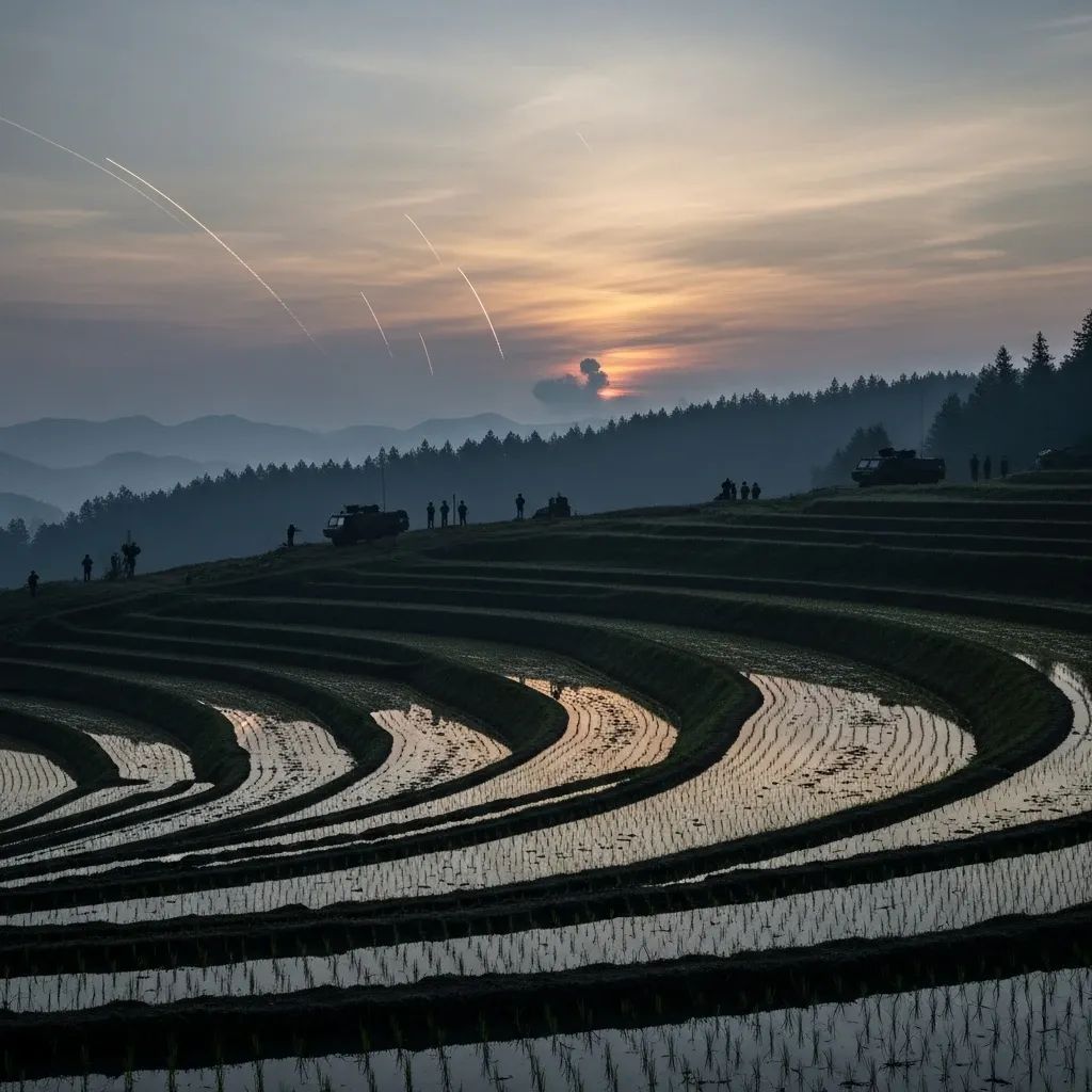 Distant rocket launch over rice paddies at dawn along Thailand-Cambodia border with military silhouettes