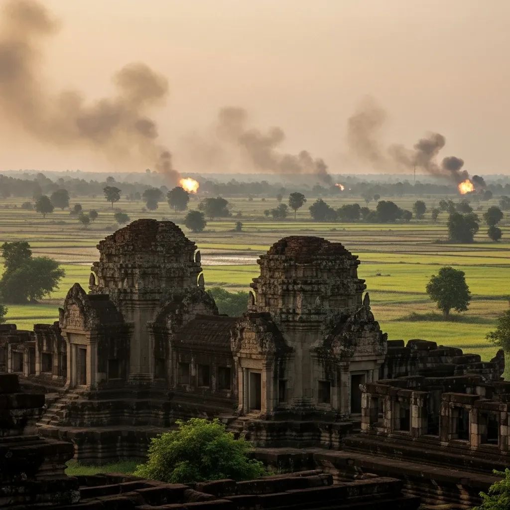Smoke rising behind Khmer temple ruins on Thailand-Cambodia border battlefield