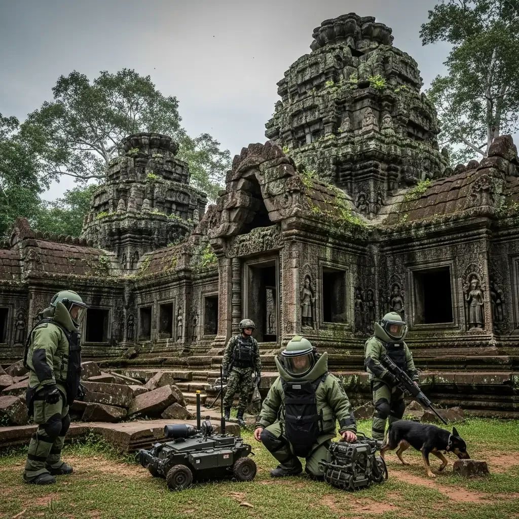 Explosive ordnance disposal team and sniffer dog at ancient Khmer-style ruins in Surin province