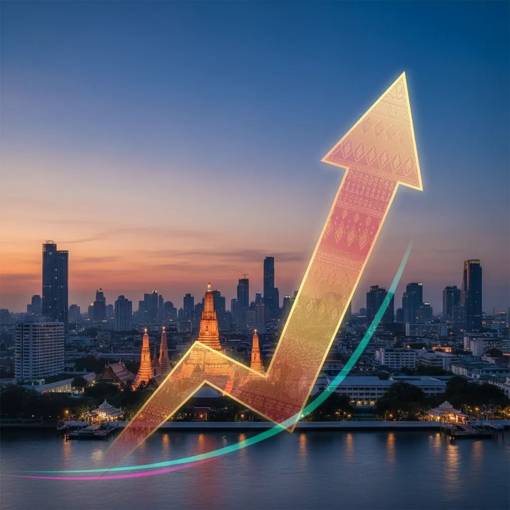 Bangkok skyline overlaid with an upward financial graph representing Thailand’s GDP growth