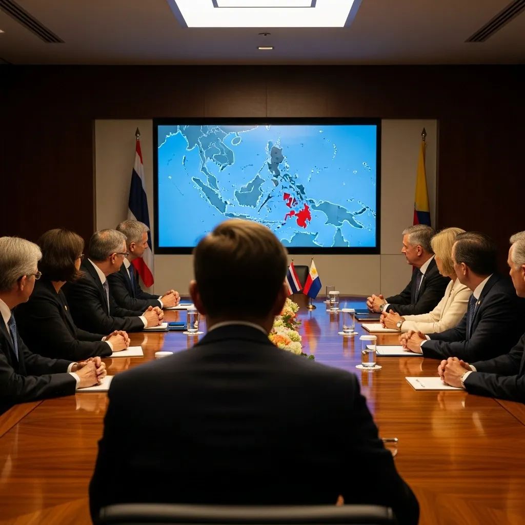 Diplomats around a conference table with a Southeast Asia map highlighting Thailand and the Philippines
