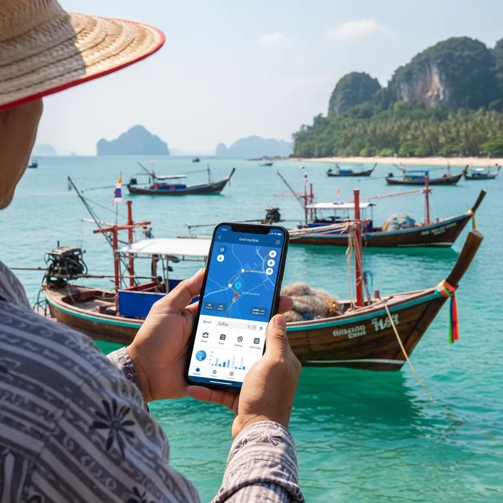 Fisherman on Thai boat reviewing fish identification app on smartphone