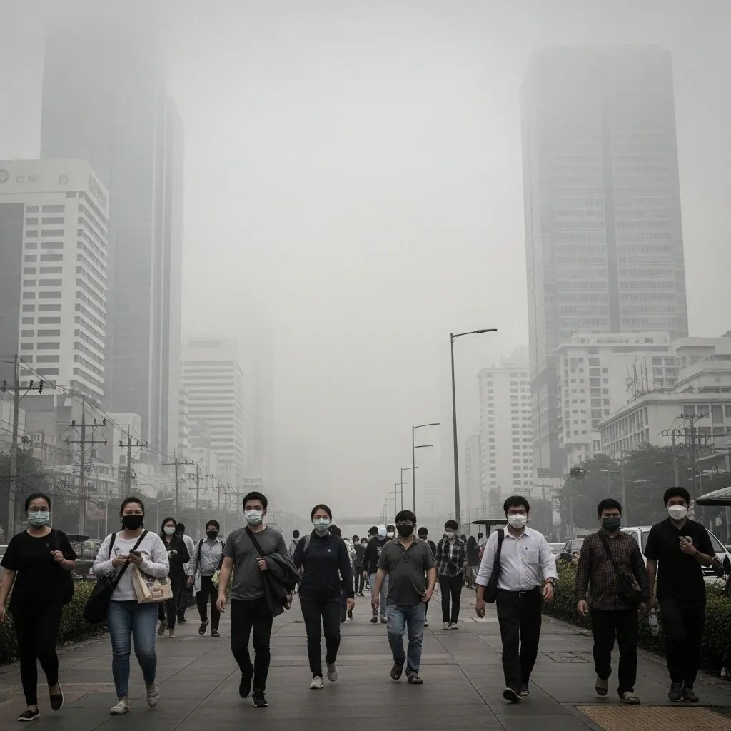 Thai city street shrouded in haze with commuters wearing face masks and smog-obscured buildings
