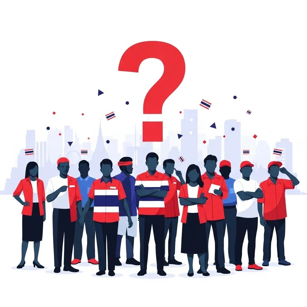 Silhouettes of diverse Thai voters under a question mark with Bangkok skyline background