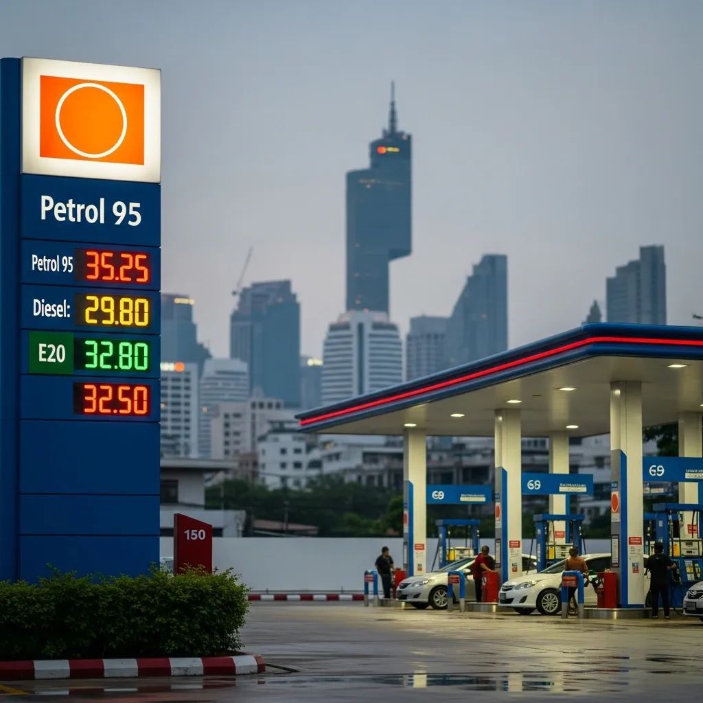 Thai petrol station digital price board displaying current fuel prices with Bangkok skyline in background