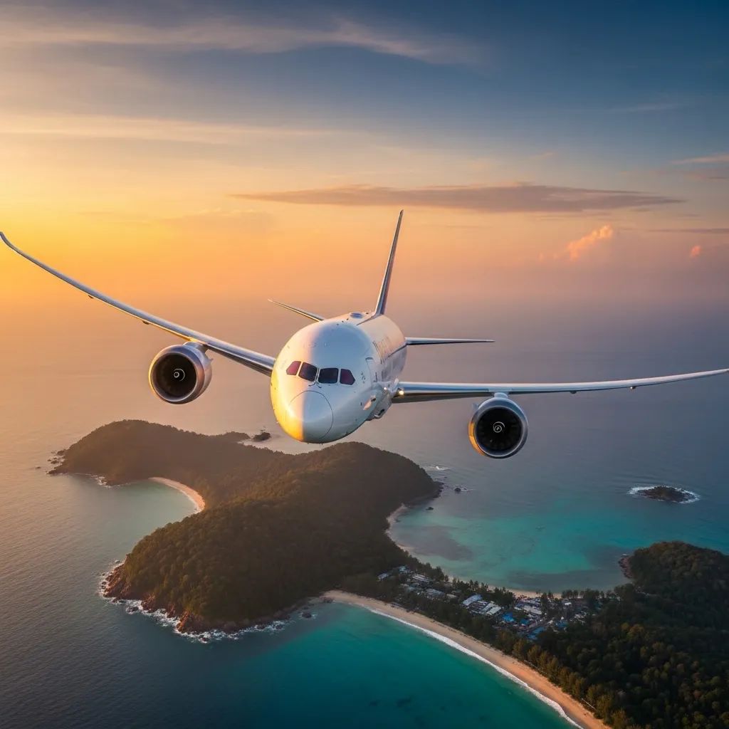 Boeing 787 Dreamliner flying over a Thai tropical coastline for new direct European routes