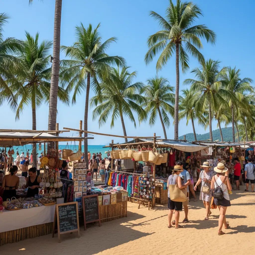 Patong Beach market scene with coconut vendor stalls and tropical setting