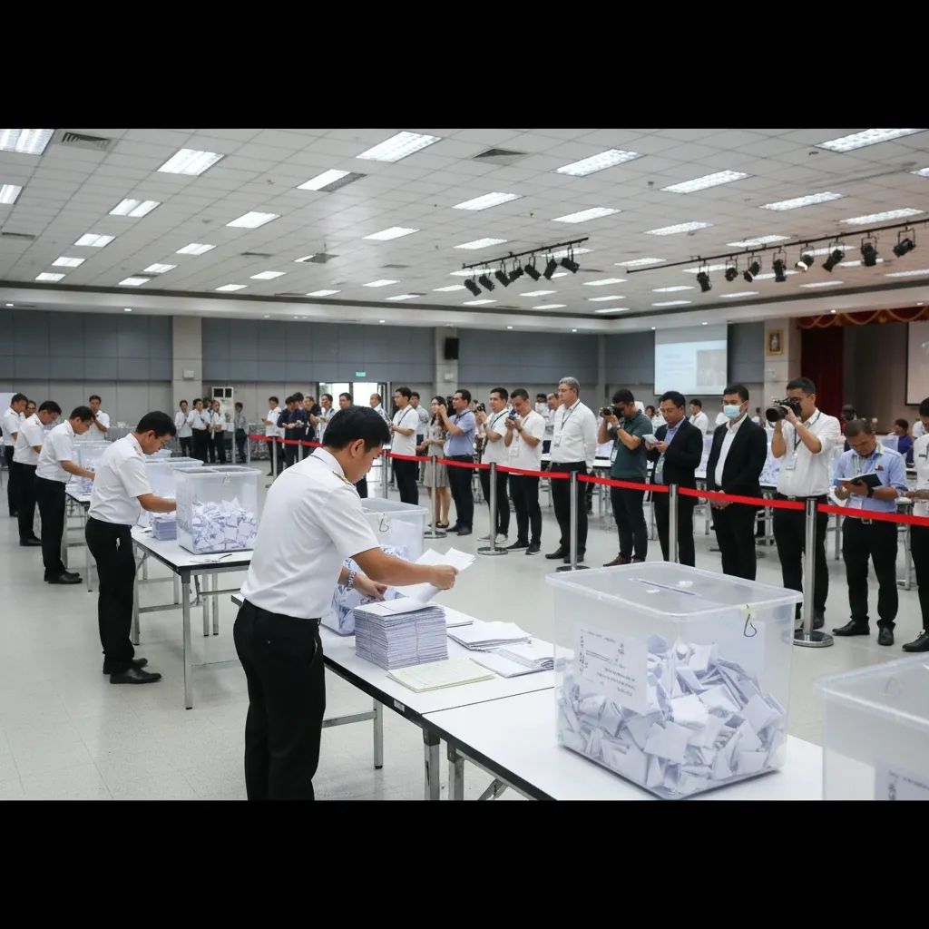 Thai election officials recount ballots in a large hall as observers watch from behind a barrier