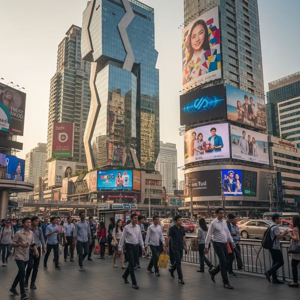 Bangkok street scene with billboards and OOH advertising displays among modern buildings