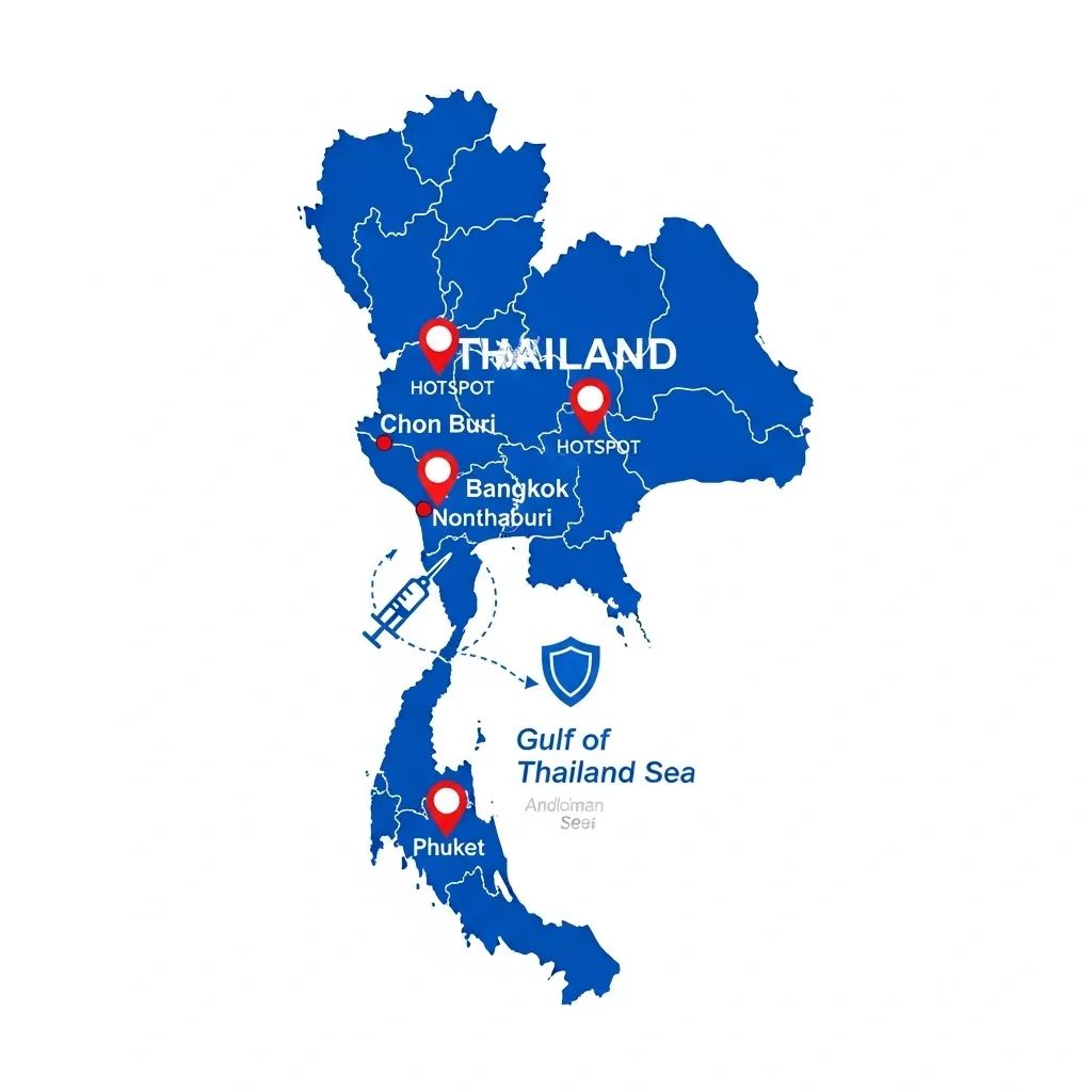 Infographic map of Thailand highlighting mpox hotspots and vaccination icons