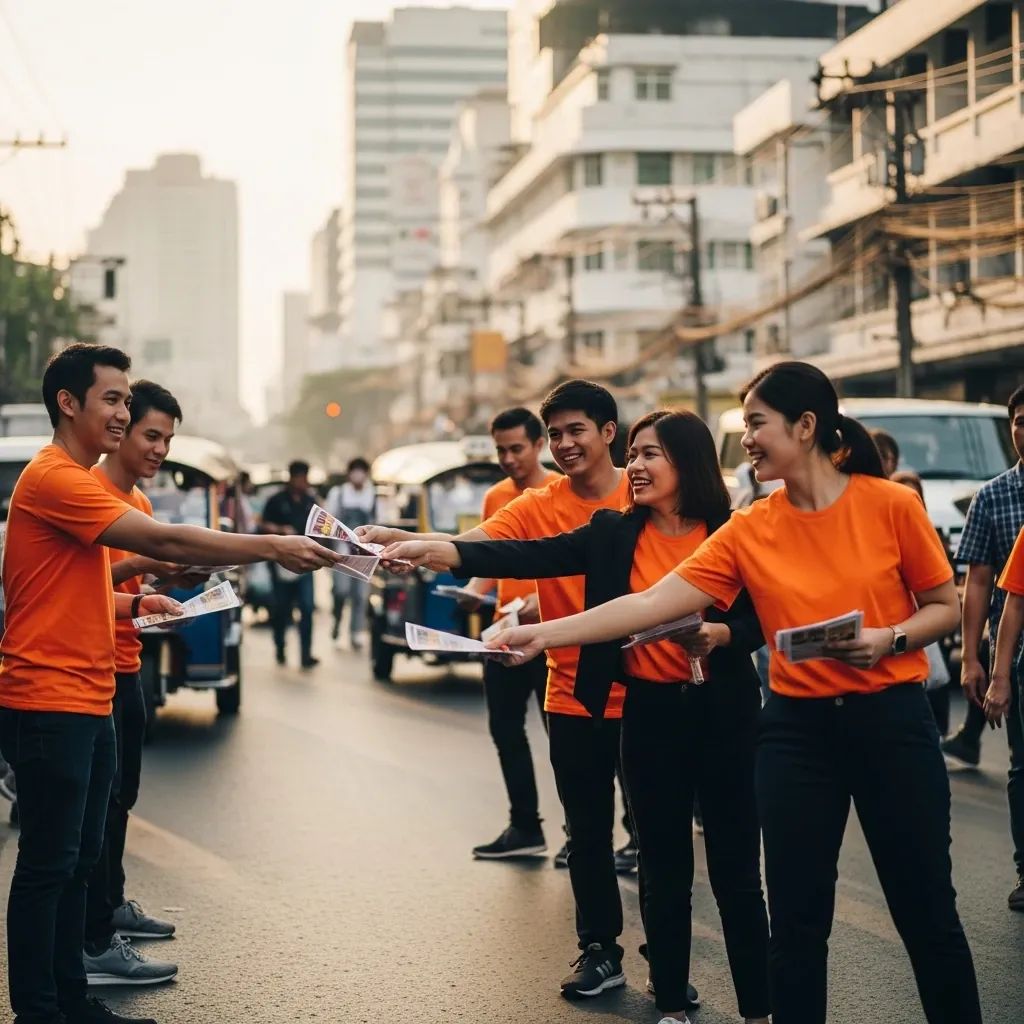 Orange-clad campaign volunteers handing out flyers on a Bangkok street