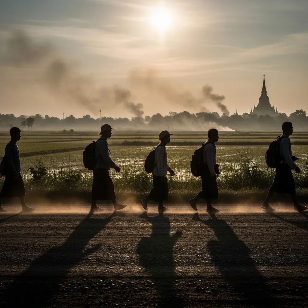 Villagers fleeing along a rural Thai border road with smoke rising in the distance