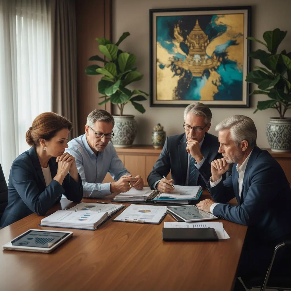 Middle-aged professionals reviewing retirement planning documents with concerned expressions