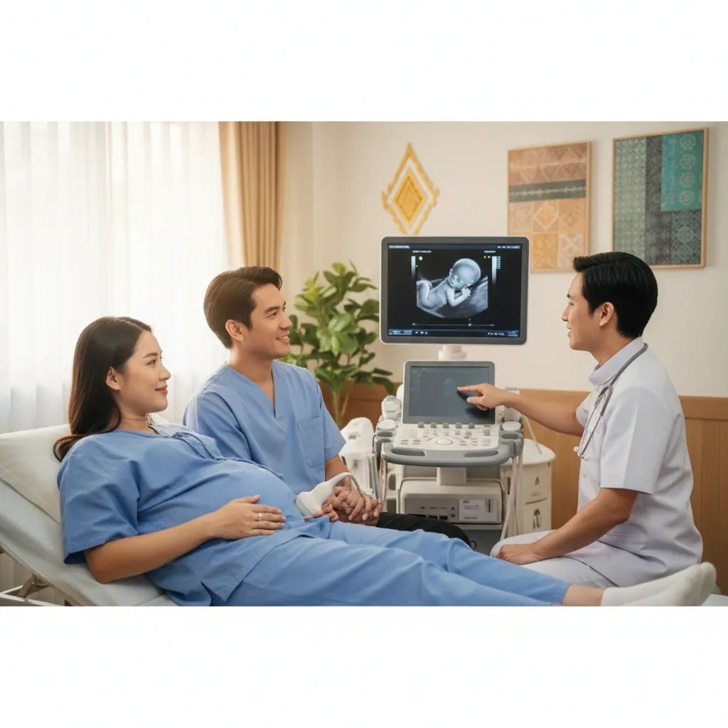Pregnant woman receiving prenatal ultrasound examination in Thailand medical clinic