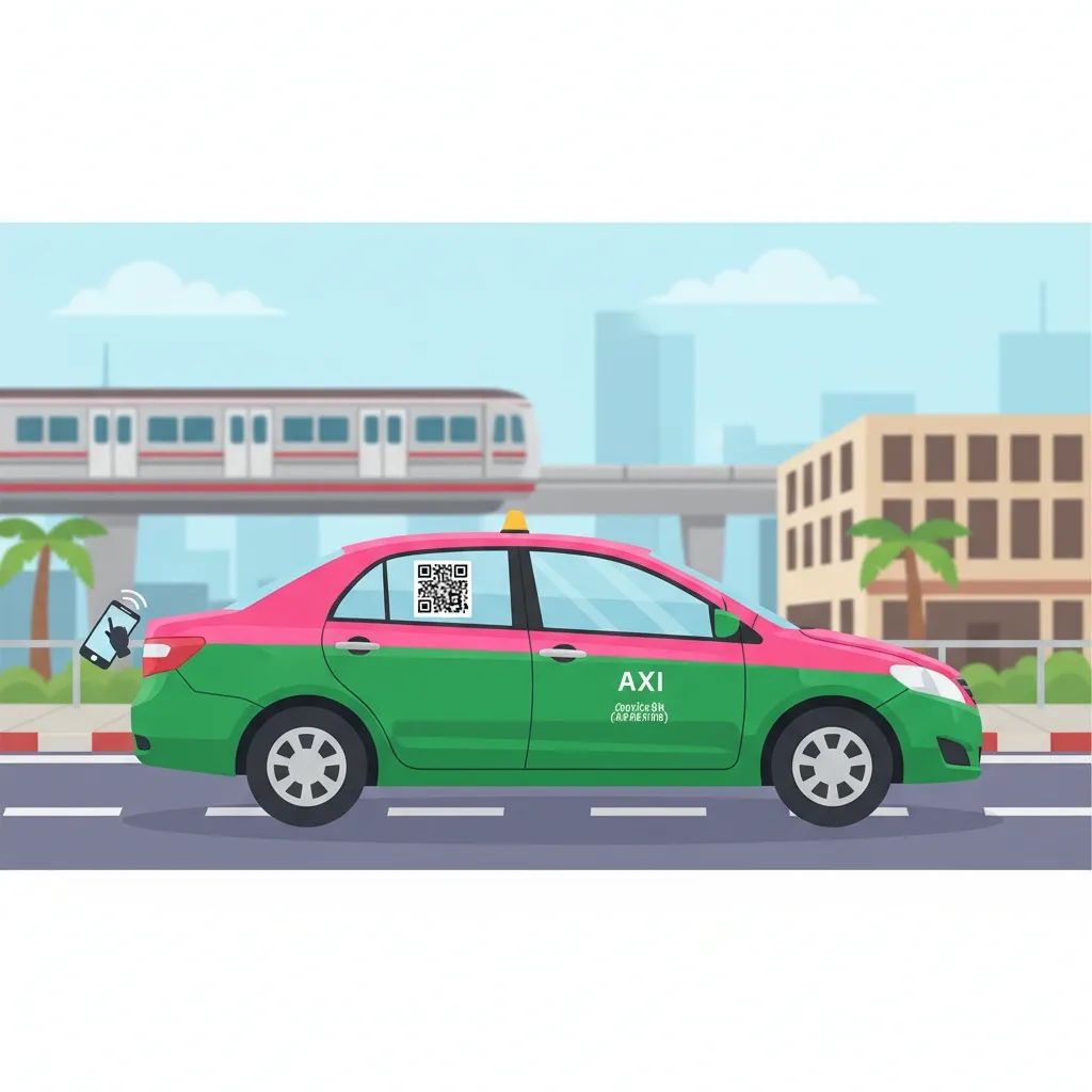 Bangkok taxi with QR code sticker on window symbolizing Thailand’s new ride-tracking system