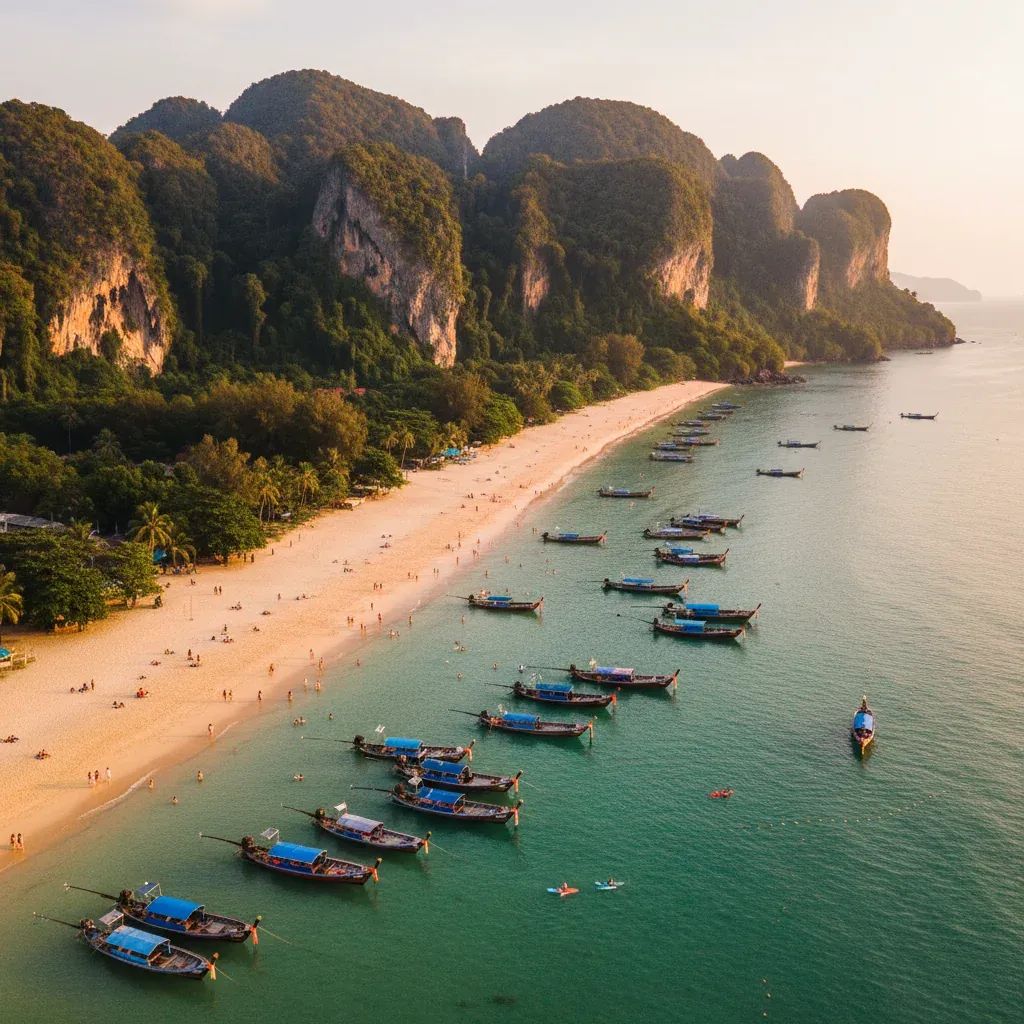 Aerial view of Ao Nang beach in Krabi showing turquoise waters, boats, and crowded shoreline with tropical landscape