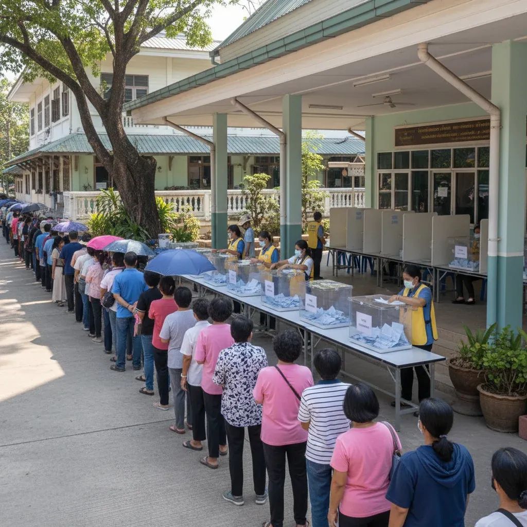 Voters queuing outside a Thai polling station with ballot boxes and election staff visible