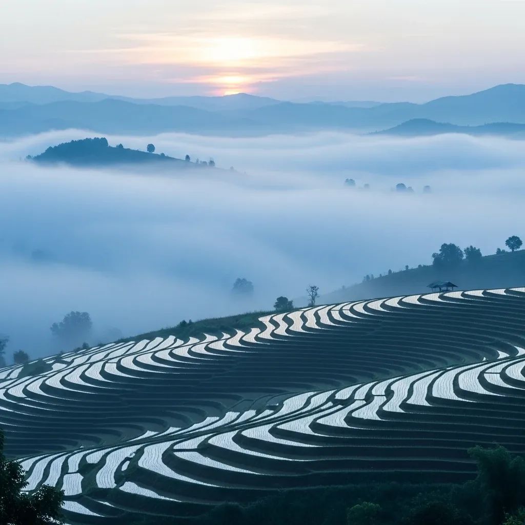 Misty sunrise over rice terraces in northern Thailand with morning fog indicating January cold snap