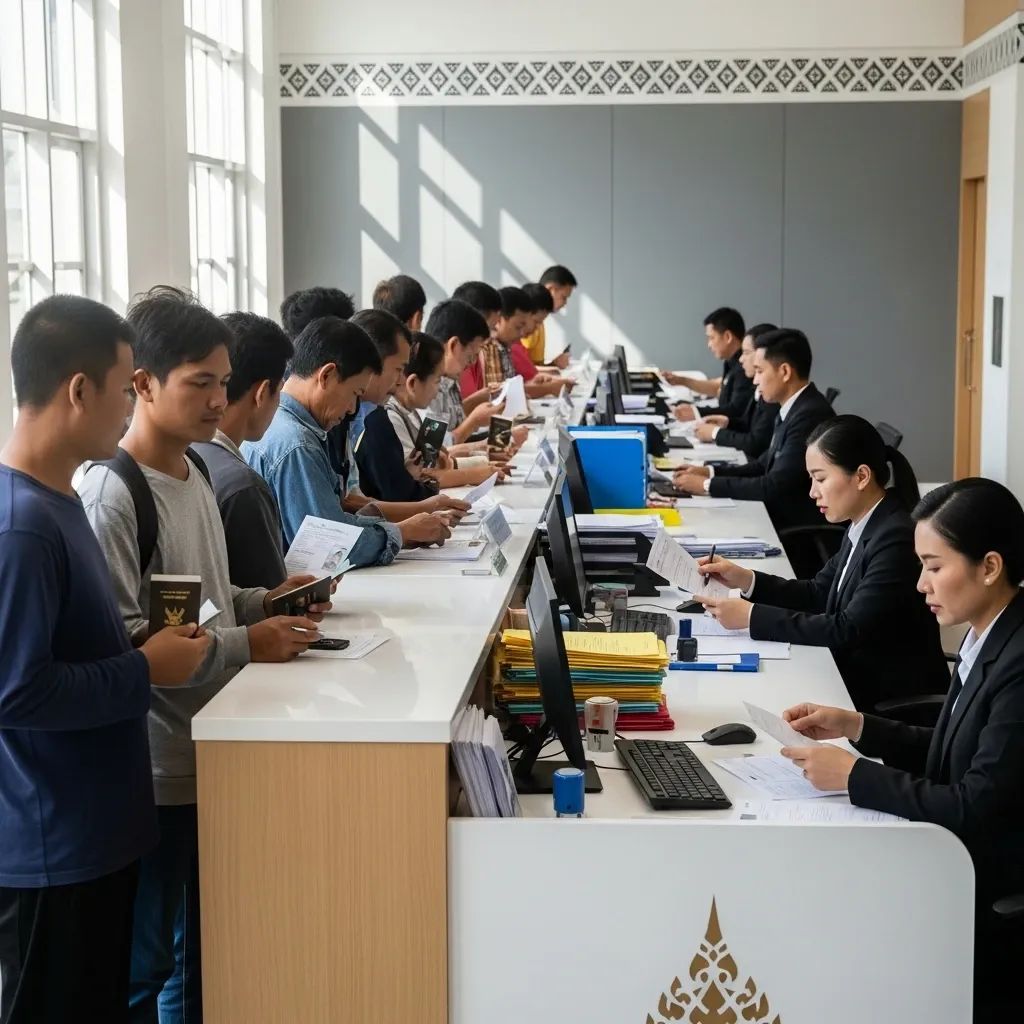 Migrant workers queuing at a Thai government office for work permit renewal