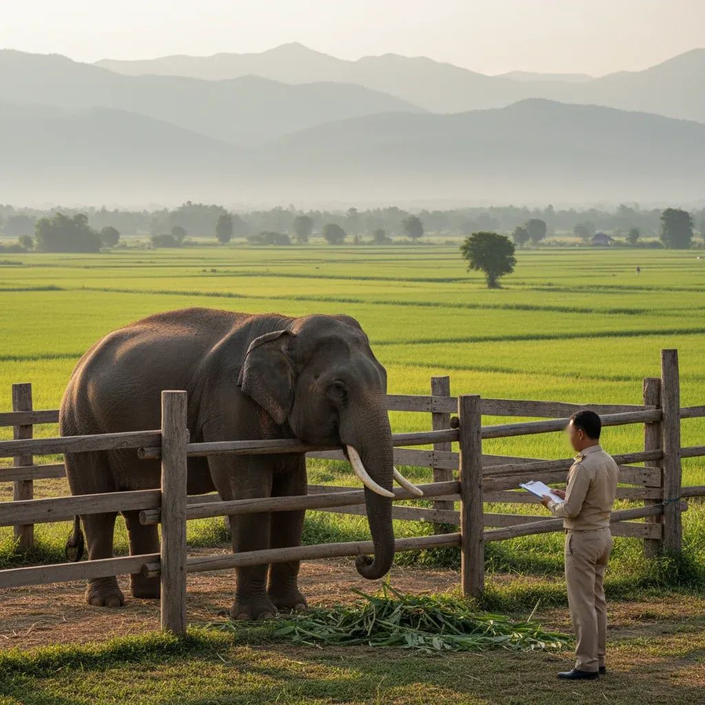 Thai government vet inspects a male Asian elephant in a fenced Buriram camp after a musth attack