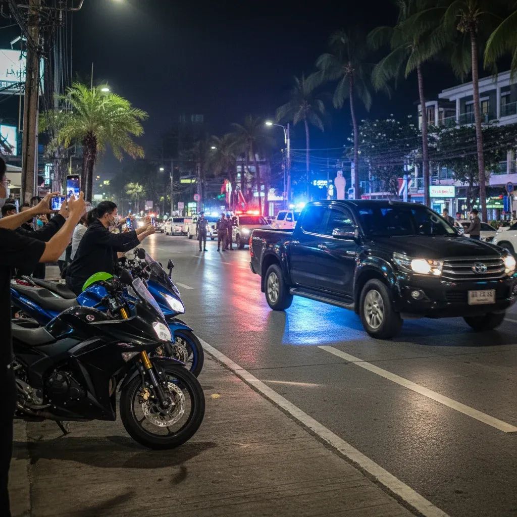 Black pickup speeding away after sideswiping parked motorcycles on a Patong street at night with bystanders filming