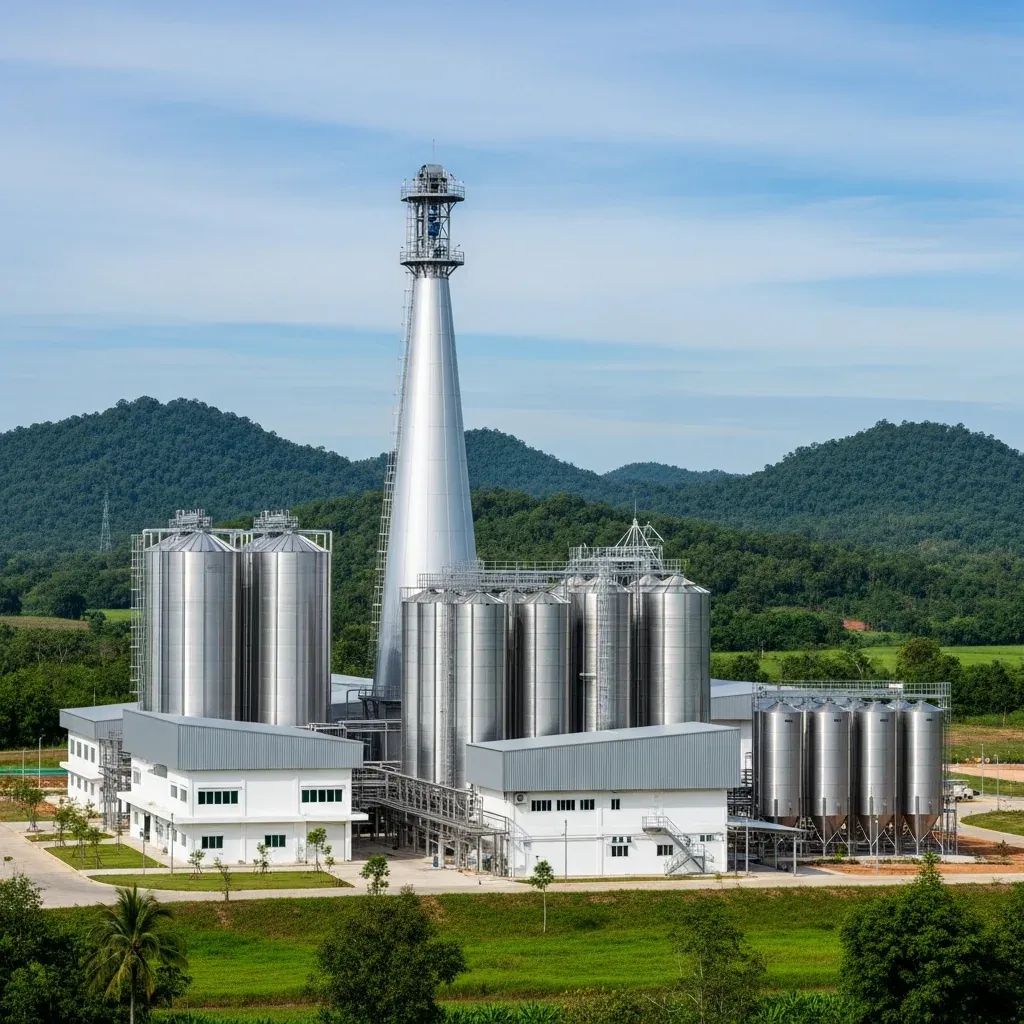 Modern Thai dairy processing plant with spray-drying tower and silos in rural landscape