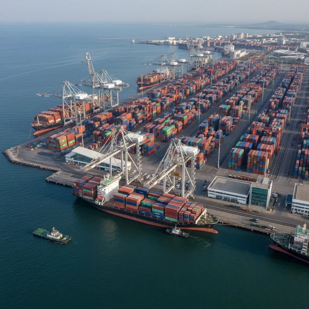 Container port with cargo ships and stacked containers at busy maritime terminal