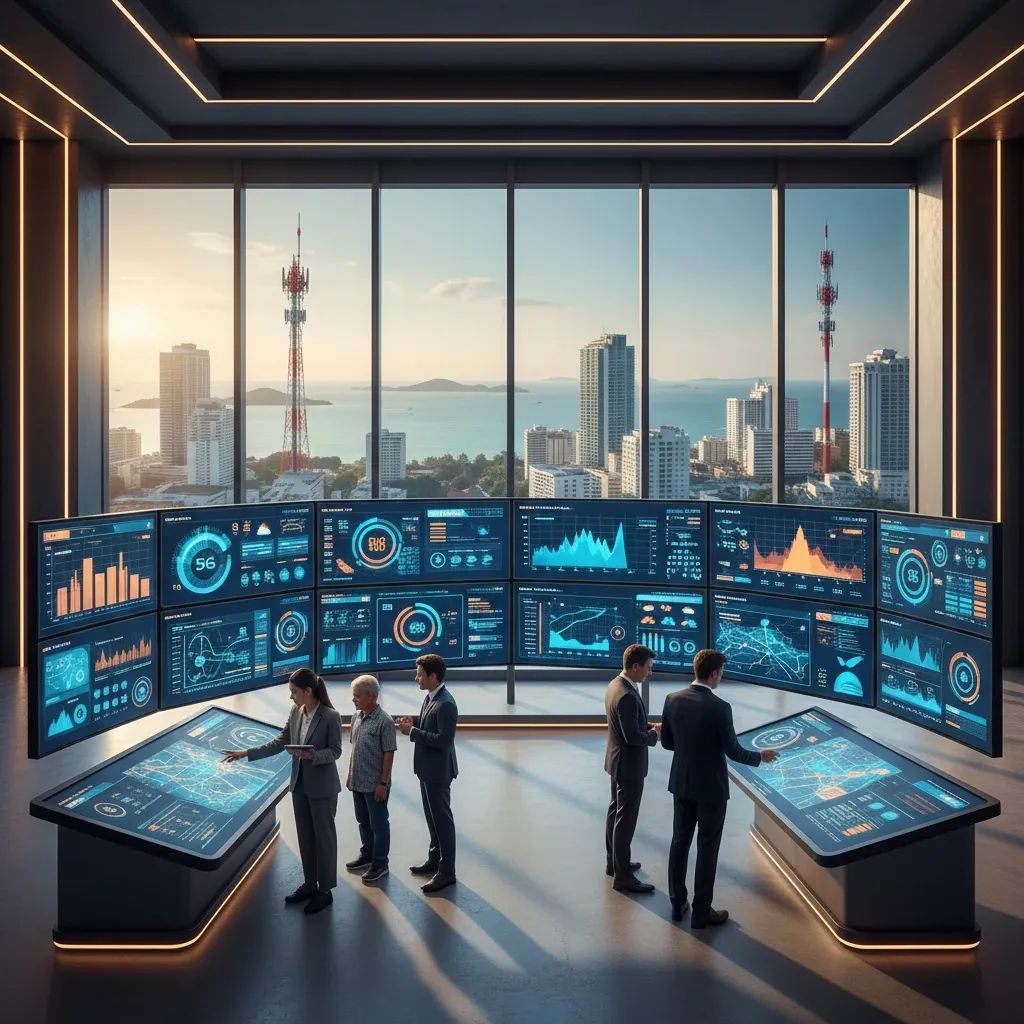 Digital control center showing smart city technology with professionals monitoring city data and networks