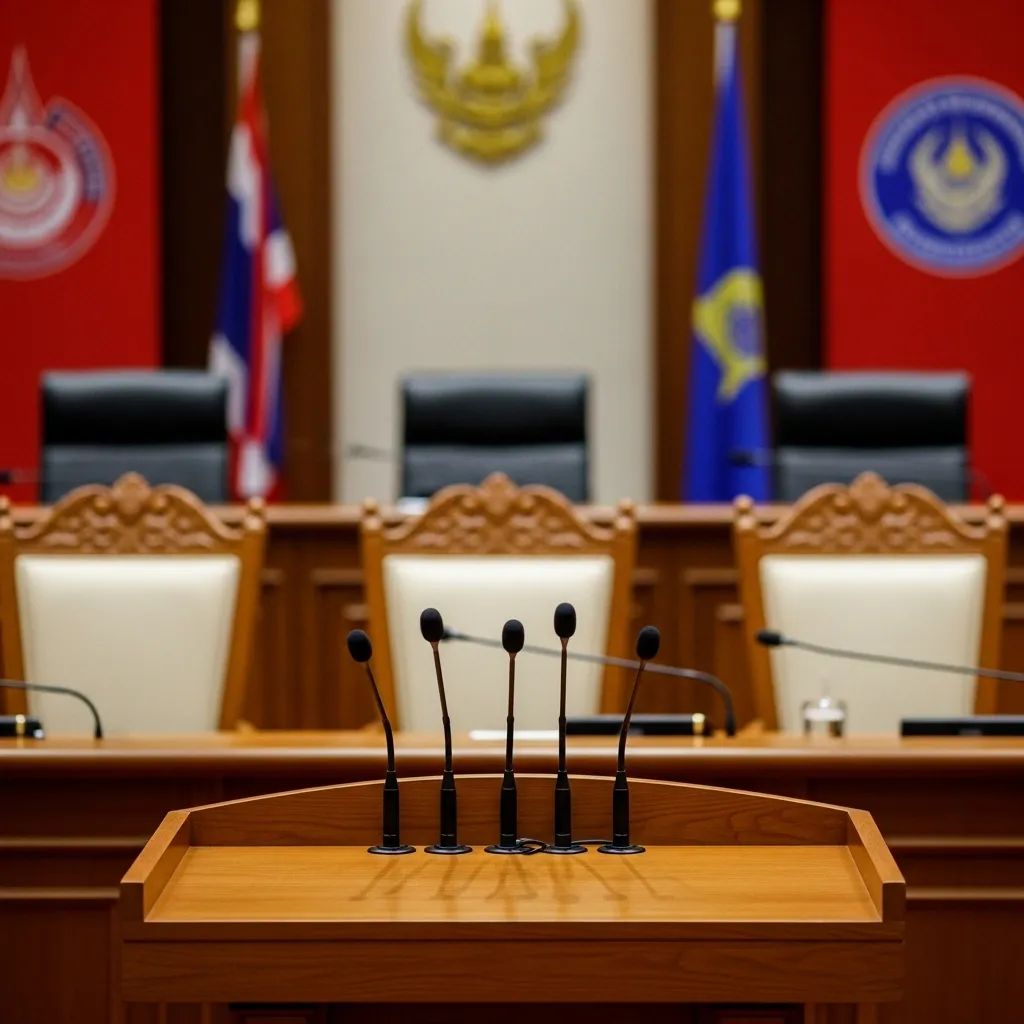 Three empty chairs and a podium in a Thai political party meeting room