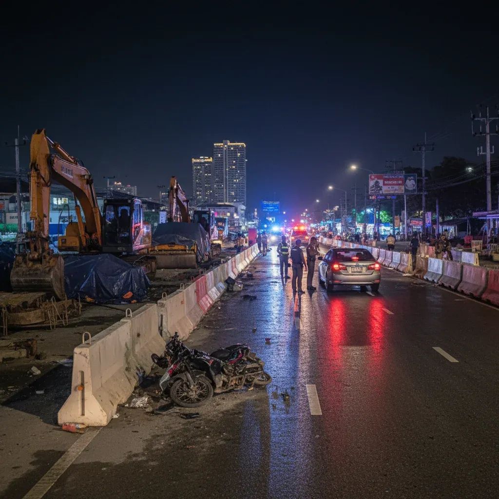 Nighttime Pattaya construction zone with damaged motorcycle and car under police lights after crash