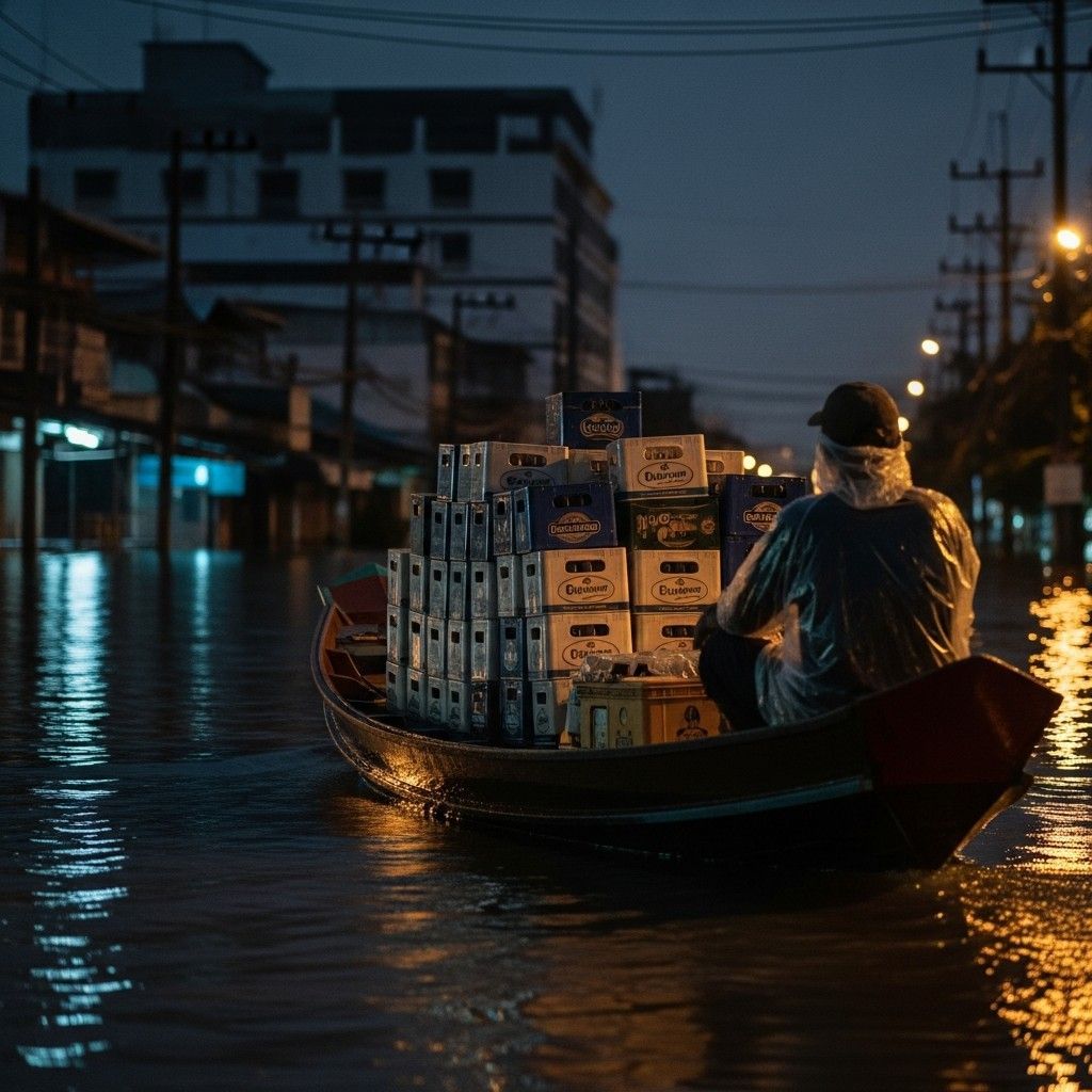 Small boat loaded with beer cases navigating a flooded street in southern Thailand at night