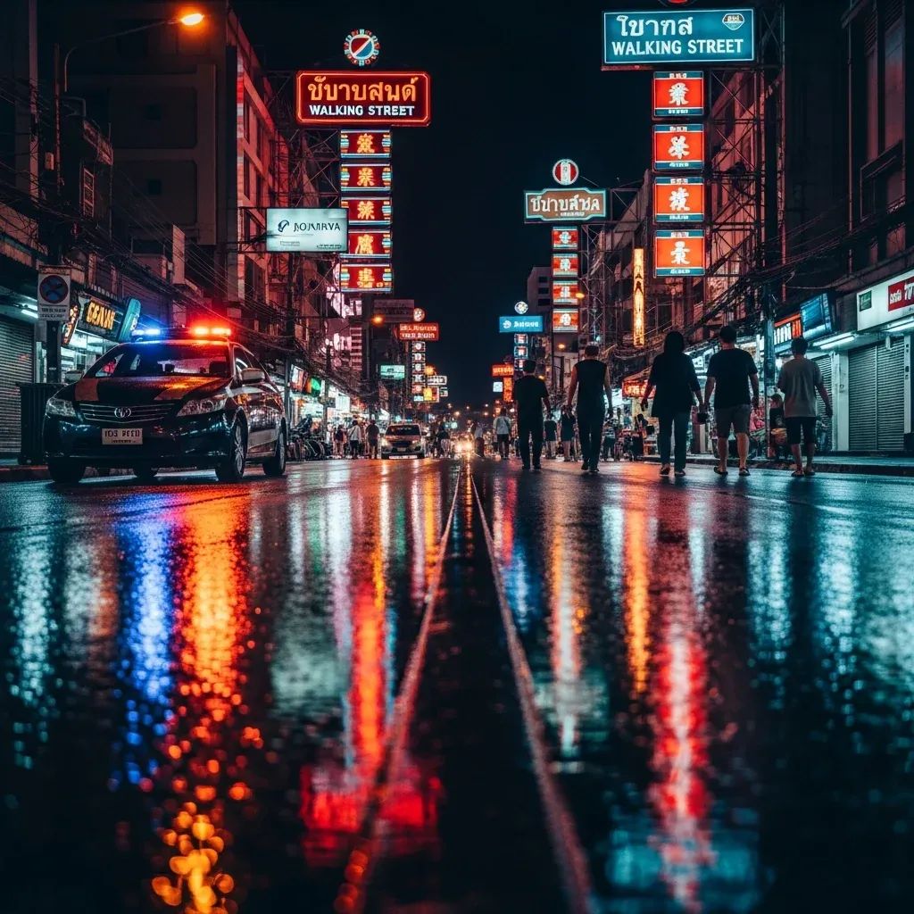 Neon-lit Pattaya Walking Street at night with a police patrol car parked along the strip