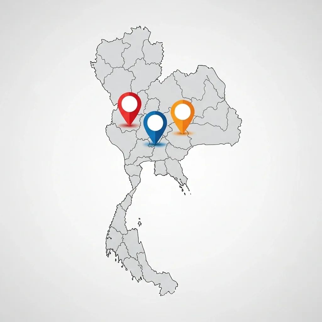 Infographic map of Thailand highlighting the Northeast region with colored markers representing three leading political parties