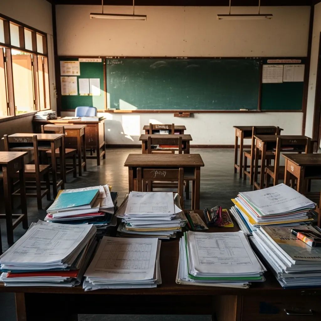Rural Thai classroom with a teacher’s desk covered in stacks of paperwork and forms