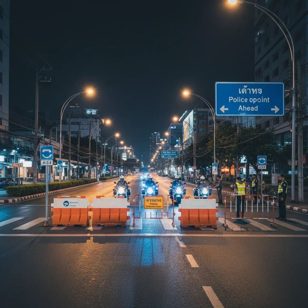 Bangkok police checkpoint on city street at night with motorcycles and enforcement barriers
