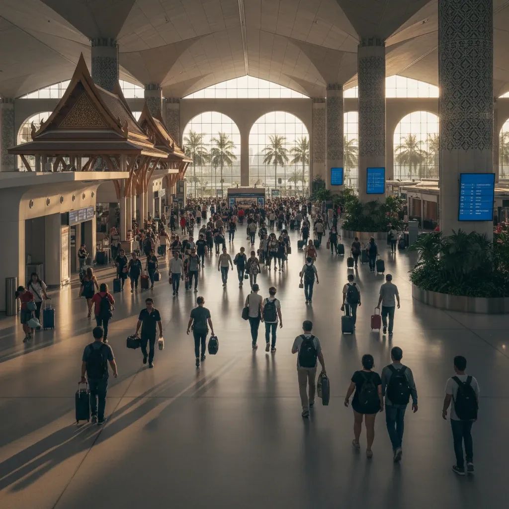 Busy airport terminal with travelers and luggage moving through modern departure hall