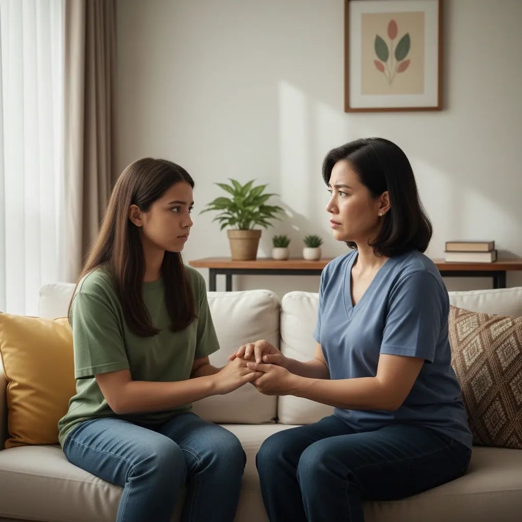 Parent and teenager having protective conversation about online safety and scam awareness