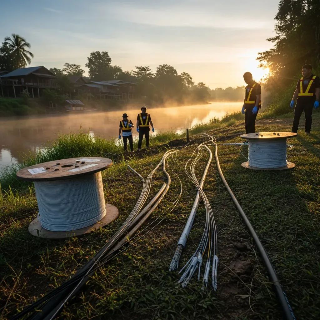 Investigators inspecting cut fiber-optic cables on a rural Thai border riverbank at dawn