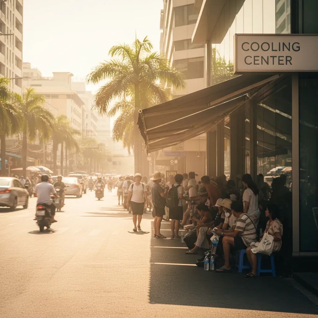Bangkok street during extreme heat with residents seeking shelter at cooling centers