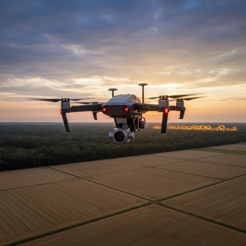 Thermal-imaging drone patrolling farmland at dusk near elephants at the forest edge