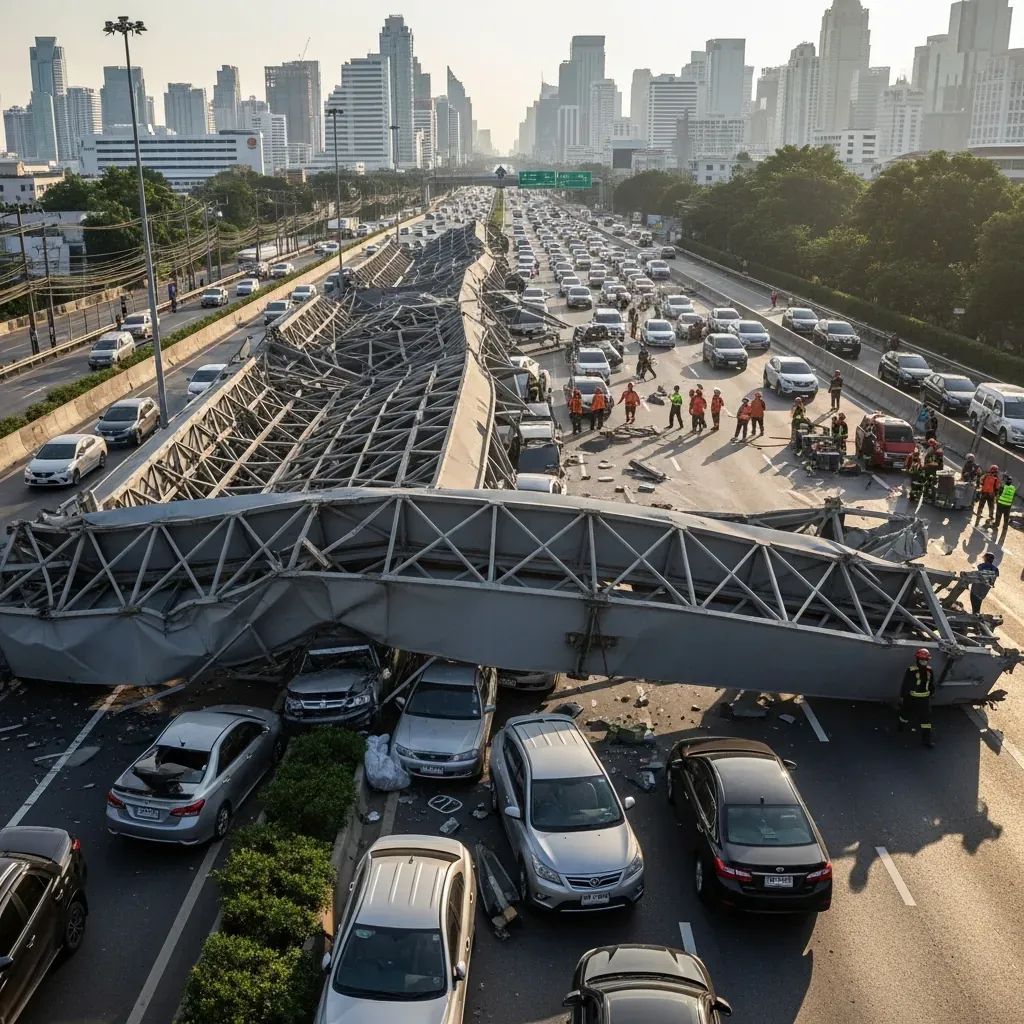 Collapsed launching gantry over Rama II Road in Bangkok with crushed cars and rescue crews