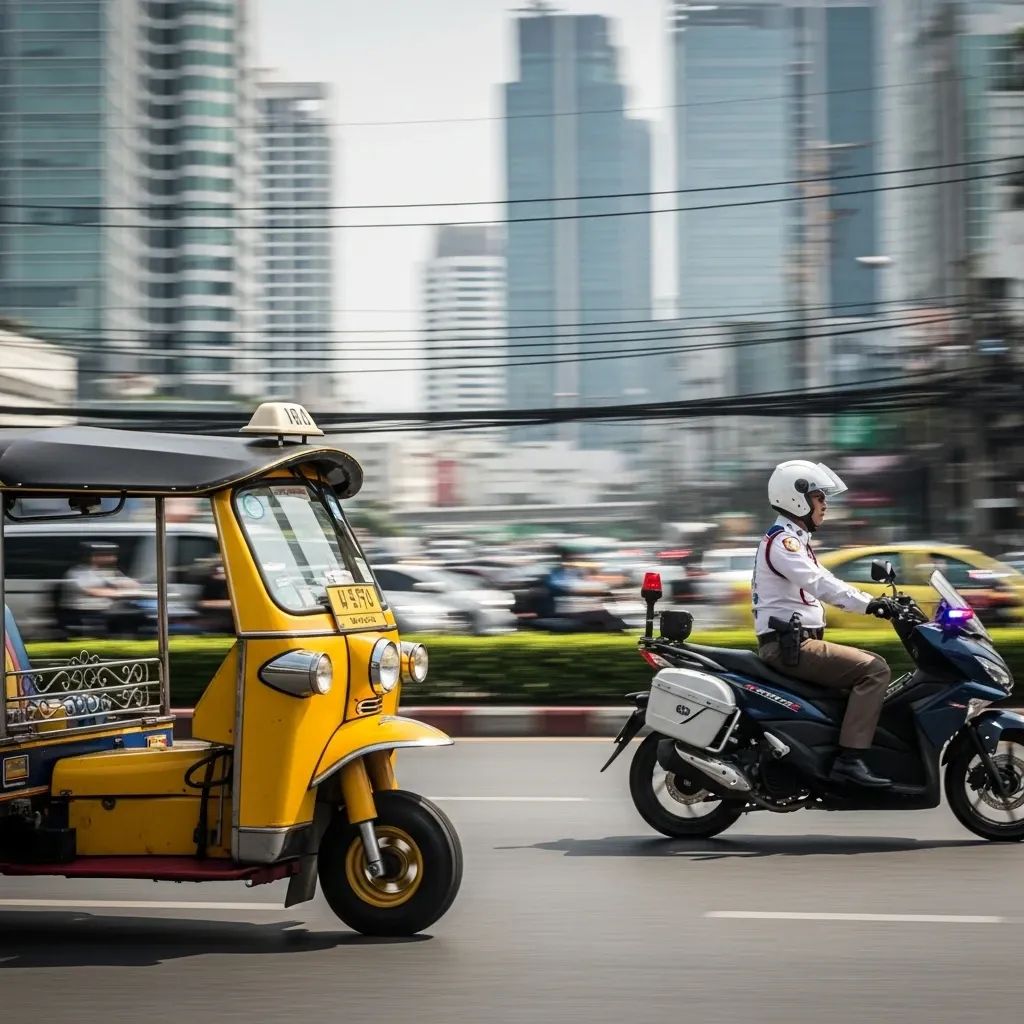 Tuk-tuk and police motorbike on a busy Sukhumvit road in Bangkok at midday
