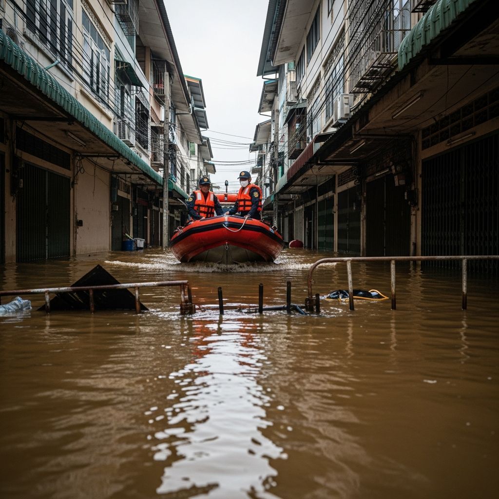 Rescue boat navigating floodwaters through narrow shophouse alleys in Hat Yai