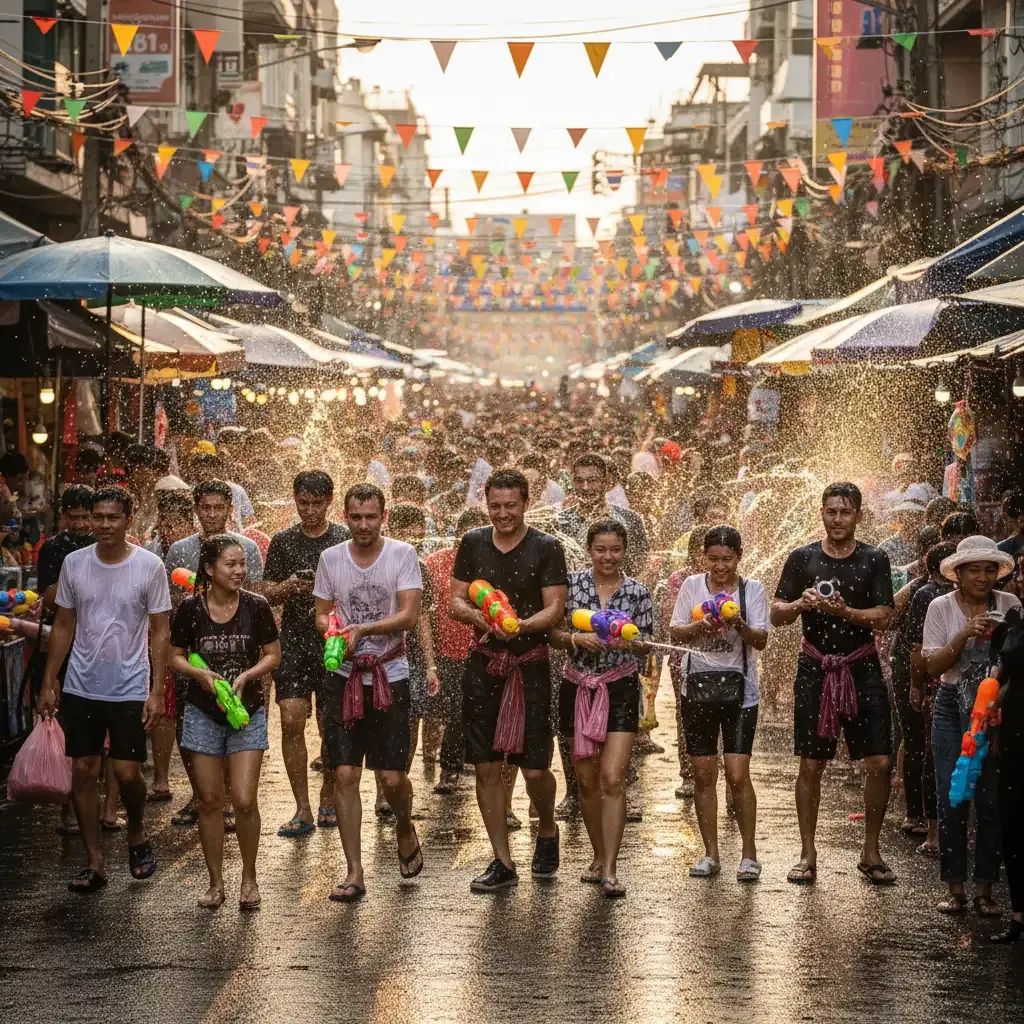 Diverse crowd celebrating Songkran water festival on Khao San Road with colorful street vendors and festive atmosphere