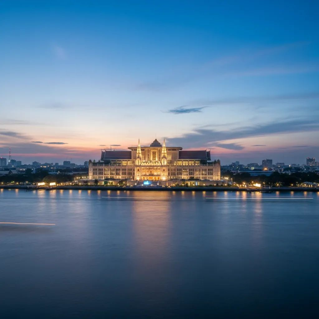 Evening view of Thailand's parliament complex reflected in the river, illustrating the political freeze on forming a new government