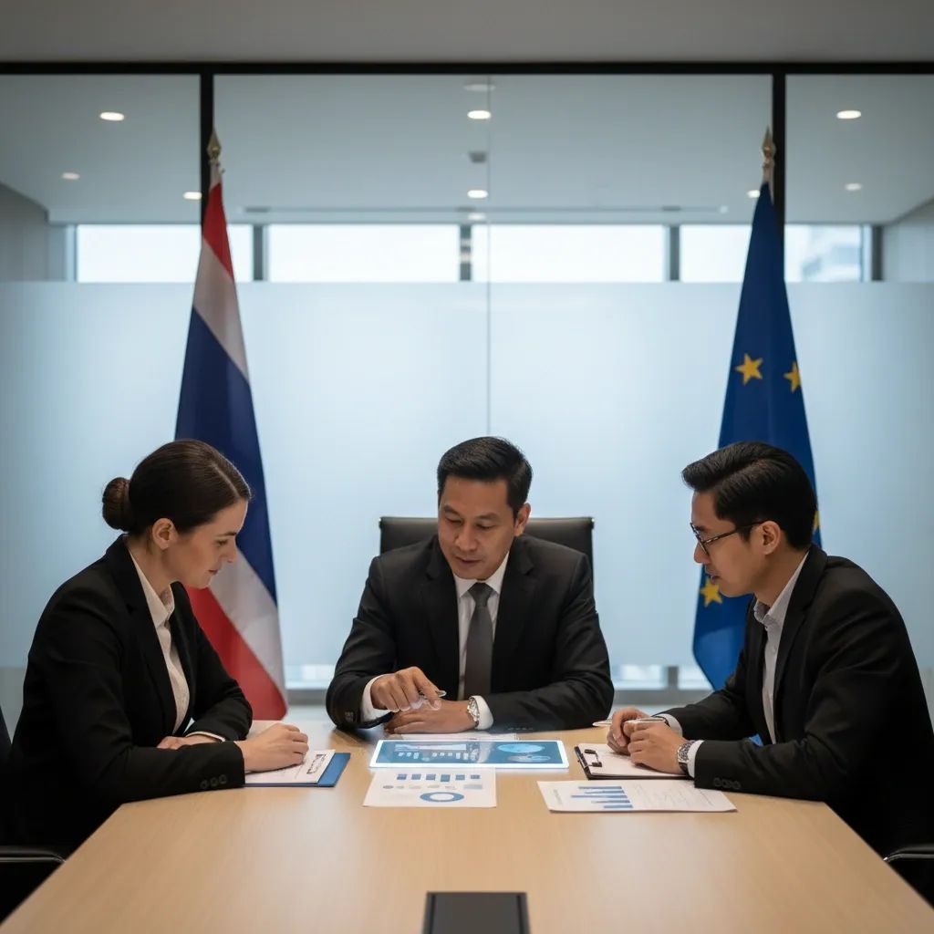 Business professionals in modern office reviewing trade agreement documents with flags representing Thailand and EU partnership negotiations