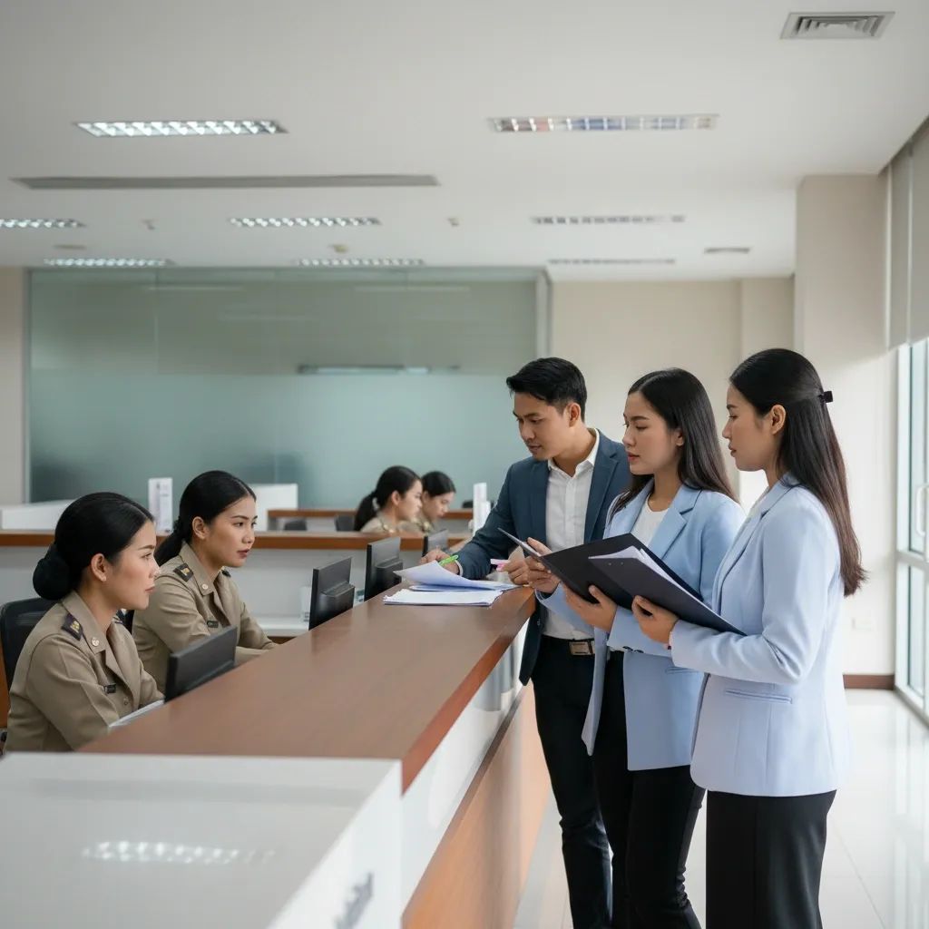 Thai job seekers consulting staff at a government employment centre desk