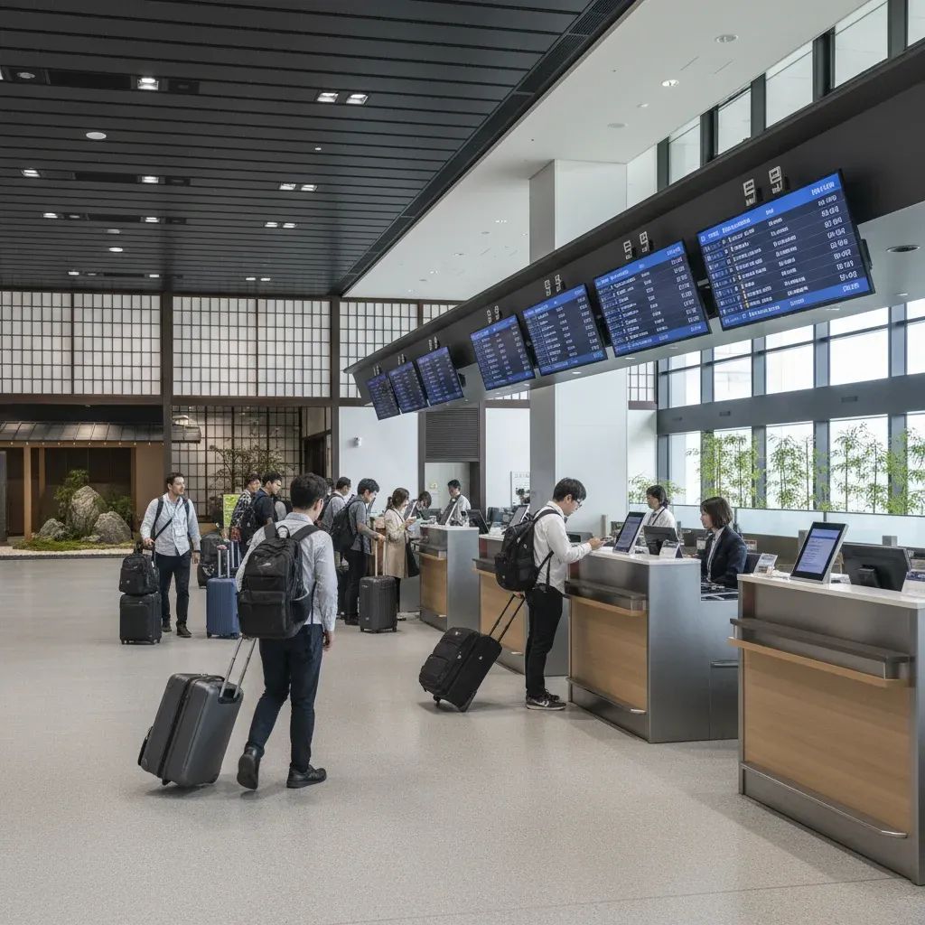 Travelers at modern airport terminal with digital information displays