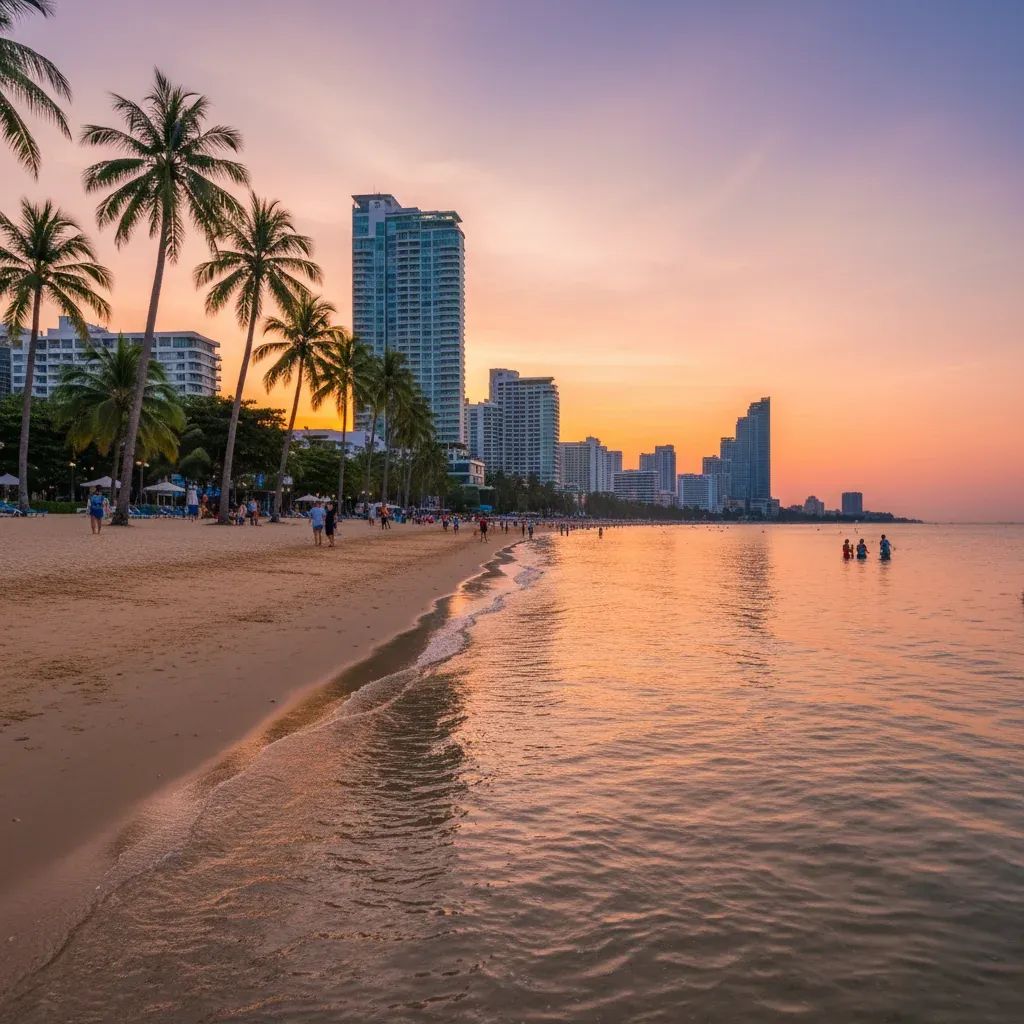 Peaceful Pattaya beachfront with palm trees, calm waters, and fewer tourists during off-peak season